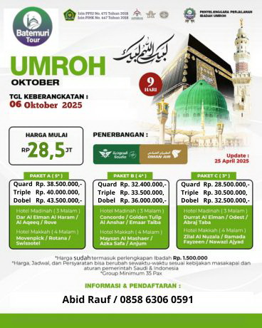 Paket Umrah Reguler , Umrah 9D , BTT –Ast,  Keberangkatan 06 Oktober  2025